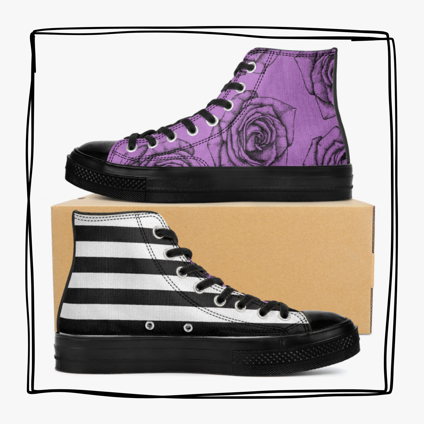 Black Roses and Stripes High Top Canvas Shoes Floral Striped Purple Tennis Shoes Flowers Sneakers Hi Tops