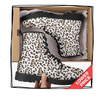 Leopard Print Christmas Tree Vegan Leather Trendy Classic Combat Boots Holiday Boots Christmas Rainboots Animal Print Shoes