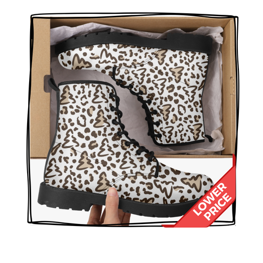 Leopard Print Christmas Tree Vegan Leather Trendy Classic Combat Boots Holiday Boots Christmas Rainboots Animal Print Shoes