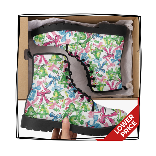 Preppy Christmas Bows and Bells Vegan Leather Classic Combat Boots Lilly Rainboots Holiday Rainboots Pink Green Blue Waterproof