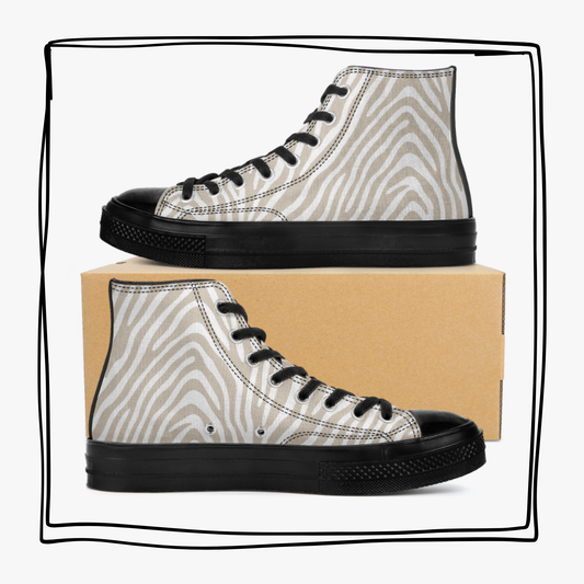 Tan Zebra High-Top Canvas Shoes Animal Print Sneakers Zebra Tennis Shoes