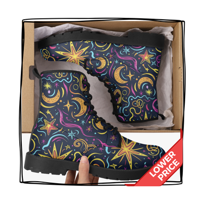 Neon Celestial Vegan Leather Classic Combat Boots Stars Moons Waterproof Leather Boots