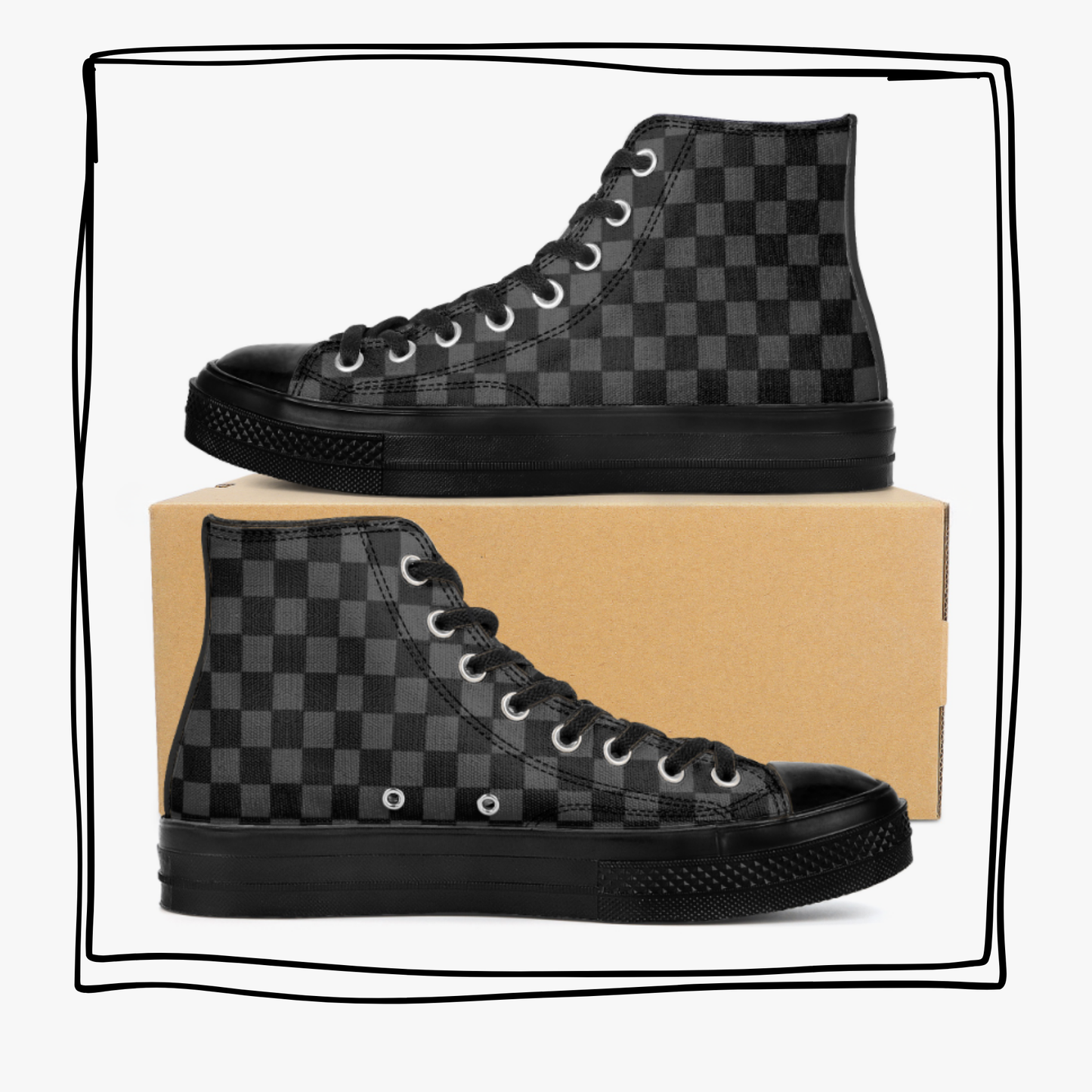 Black Checkerboard High Top Canvas Shoes Checked Tennis Shoes Black and Gray Check