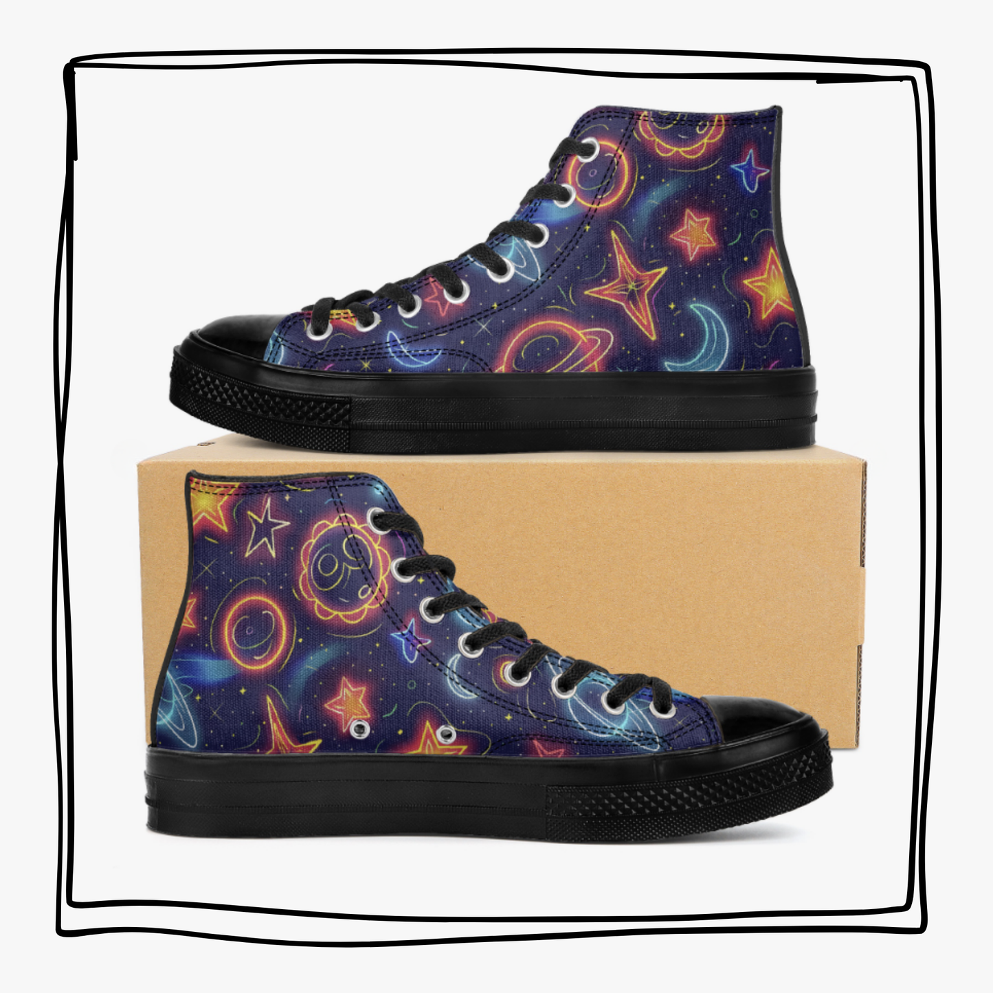 Neon Planets Stars High-Top Canvas Shoes Astoronomy Saturn Glowing Tennis Shoes Planets Hi Tops