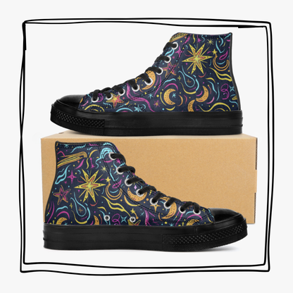 Celestial Neon High Top Canvas Shoes Moons and Stars Sneakers Astrology Astronomy Hi Tops