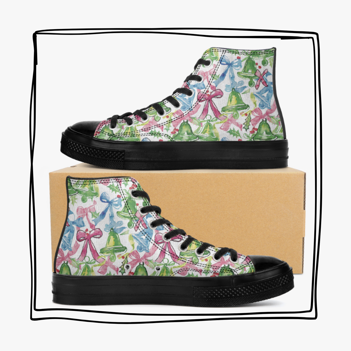 Preppy Bows and Bells High Top Canvas Sneakers Lilly Shoes Christmas Sneakers Holiday Shoes Pink Blue Green Tennis Shoes