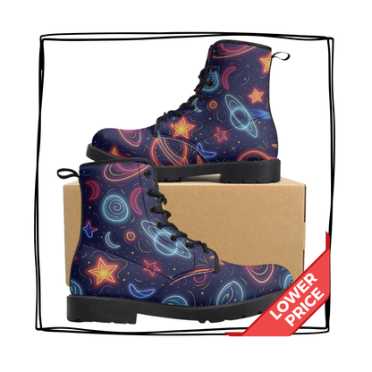 Neon Planet Vegan Leather Classic Combat Boots Astronomy Saturn Moons Stars Cosmic Waterproof Boots