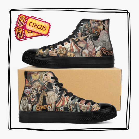 Carnival Circus Black High Top Tennis Shoes Clown Shoes Big Top Canvas Circus Hi Tops