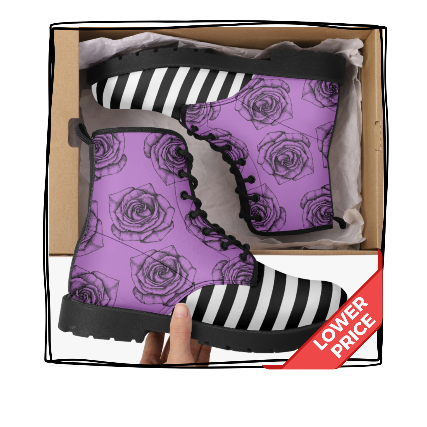 Purple Black Roses Stripes Vegan Leather Classic Combat Boots Flowers Boots Stripes Rainboots