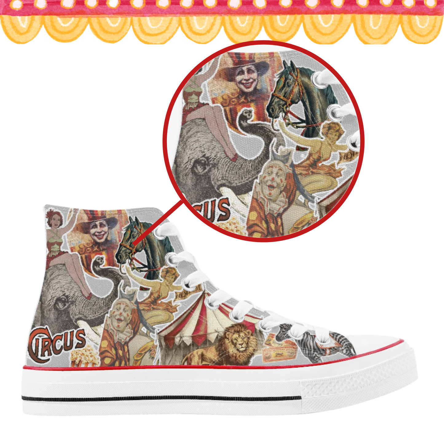 Carnival Circus High Top Tennis Shoes Clown Shoes Big Top Canvas Circus Hi Top Sneakers