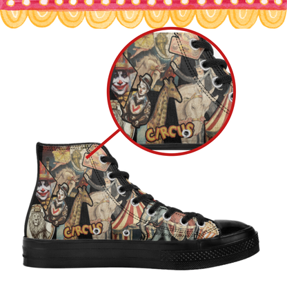 Carnival Circus Black High Top Tennis Shoes Clown Shoes Big Top Canvas Circus Hi Tops