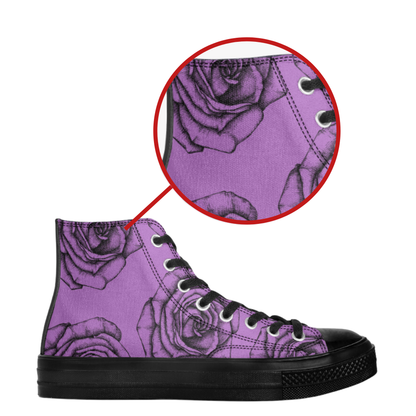 Black Roses and Stripes High Top Canvas Shoes Floral Striped Purple Tennis Shoes Flowers Sneakers Hi Tops