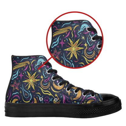 Celestial Neon High Top Canvas Shoes Moons and Stars Sneakers Astrology Astronomy Hi Tops