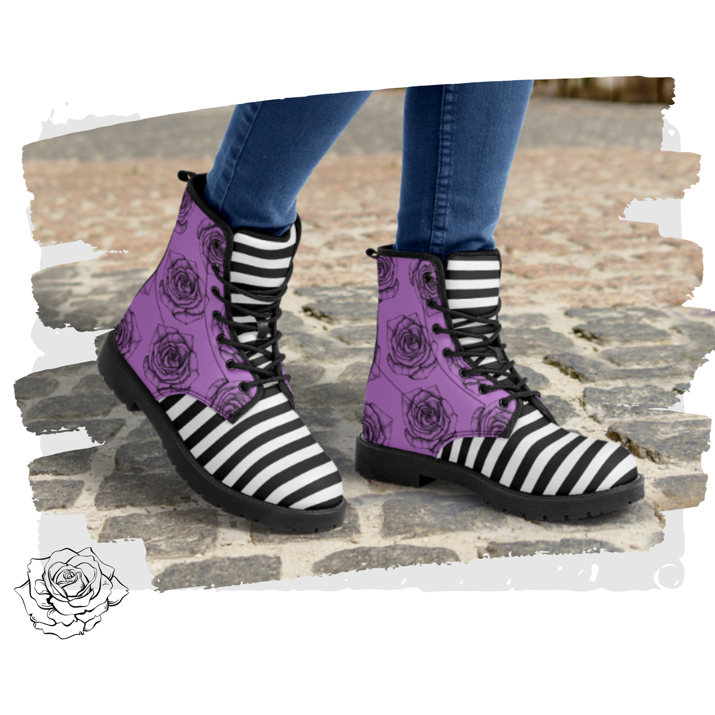 Purple Black Roses Stripes Vegan Leather Classic Combat Boots Flowers Boots Stripes Rainboots