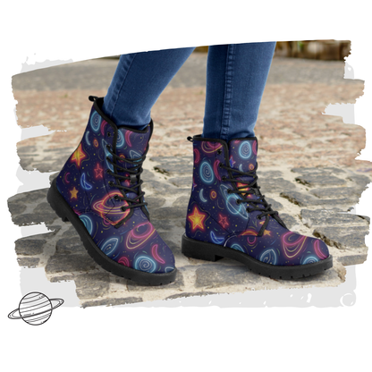 Neon Planet Vegan Leather Classic Combat Boots Astronomy Saturn Moons Stars Cosmic Waterproof Boots