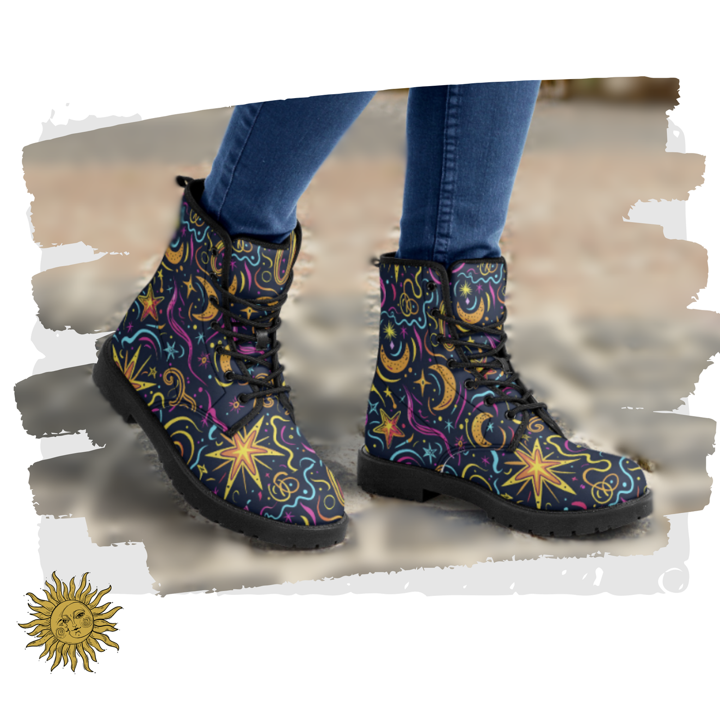 Neon Celestial Vegan Leather Classic Combat Boots Stars Moons Waterproof Leather Boots