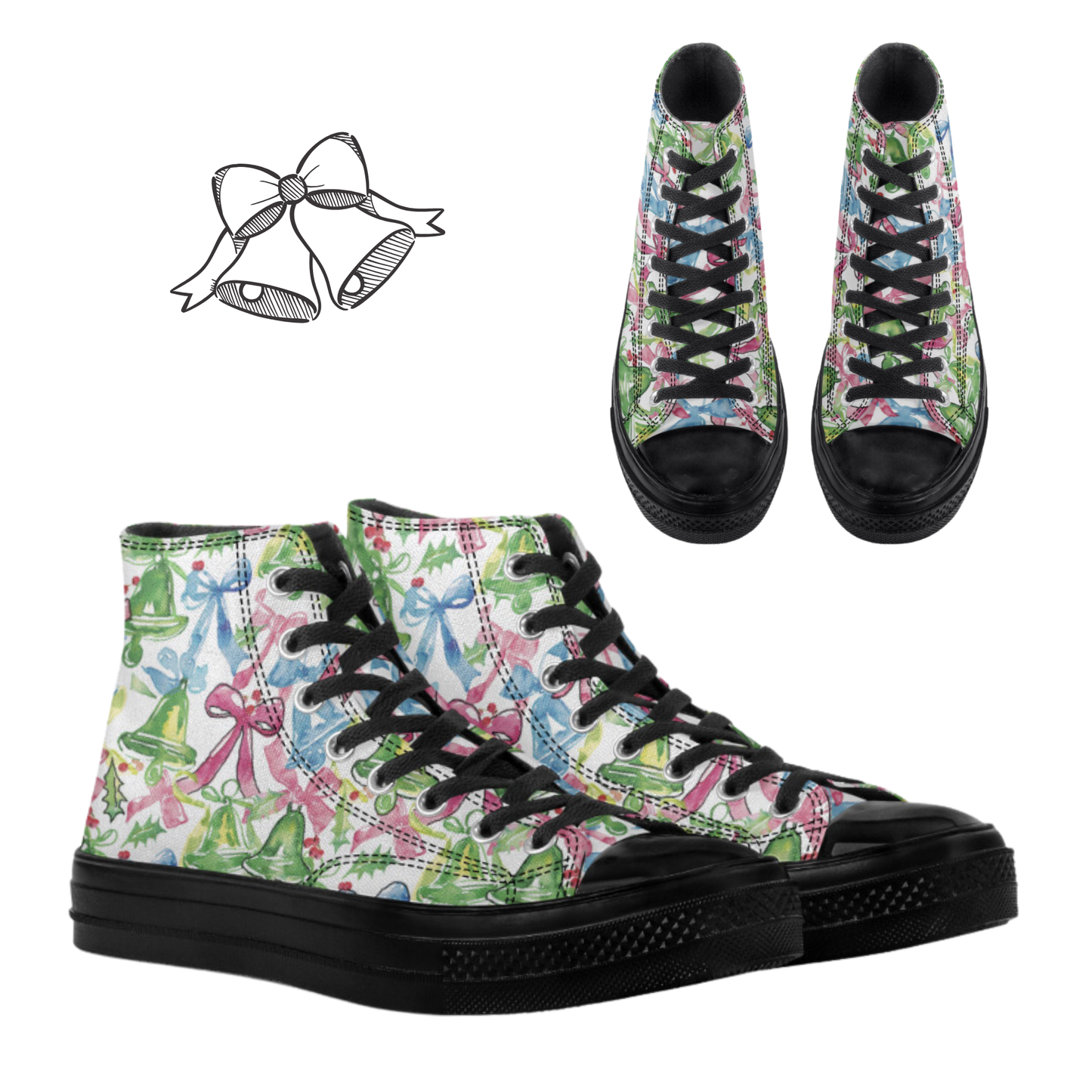 Preppy Bows and Bells High Top Canvas Sneakers Lilly Shoes Christmas Sneakers Holiday Shoes Pink Blue Green Tennis Shoes