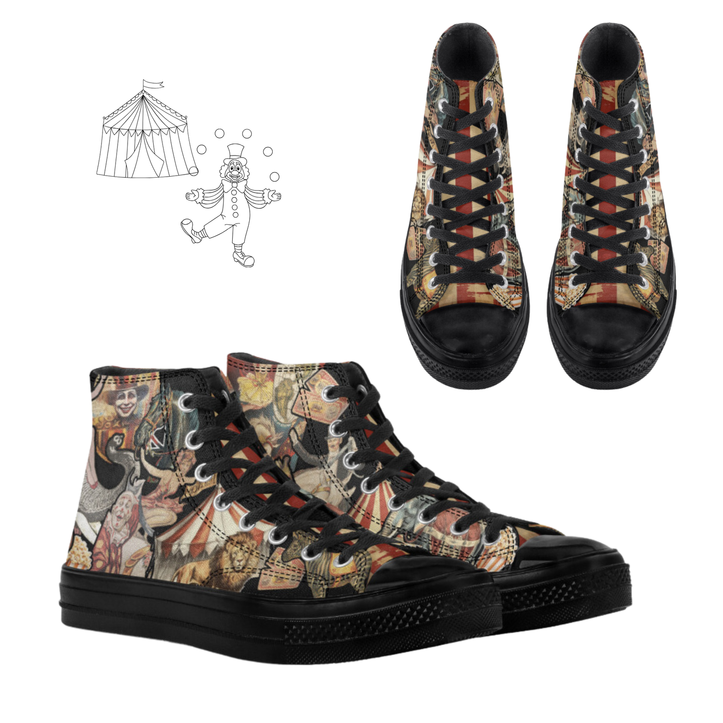 Carnival Circus Black High Top Tennis Shoes Clown Shoes Big Top Canvas Circus Hi Tops