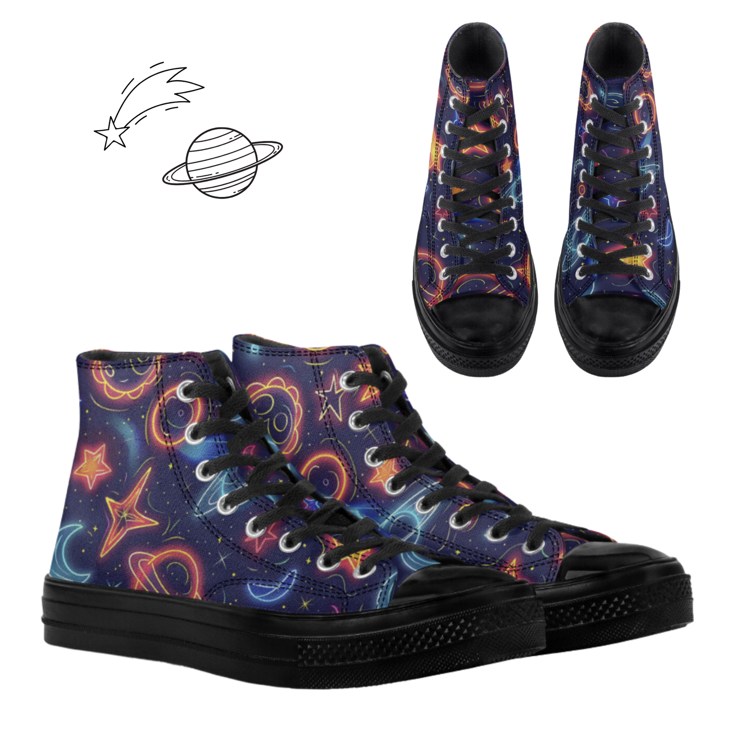 Neon Planets Stars High-Top Canvas Shoes Astoronomy Saturn Glowing Tennis Shoes Planets Hi Tops