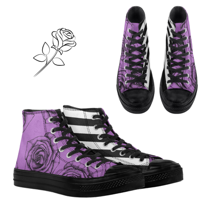 Black Roses and Stripes High Top Canvas Shoes Floral Striped Purple Tennis Shoes Flowers Sneakers Hi Tops