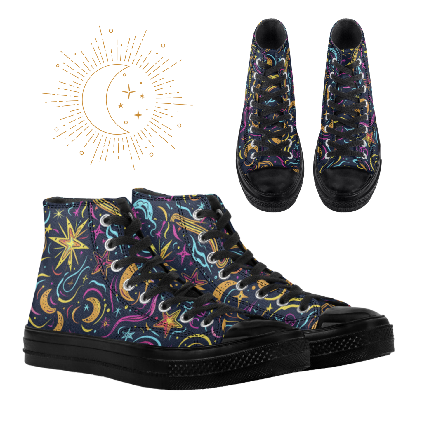 Celestial Neon High Top Canvas Shoes Moons and Stars Sneakers Astrology Astronomy Hi Tops