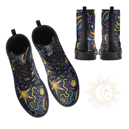 Neon Celestial Vegan Leather Classic Combat Boots Stars Moons Waterproof Leather Boots