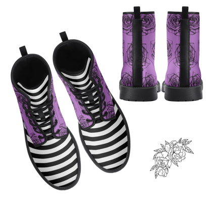 Purple Black Roses Stripes Vegan Leather Classic Combat Boots Flowers Boots Stripes Rainboots