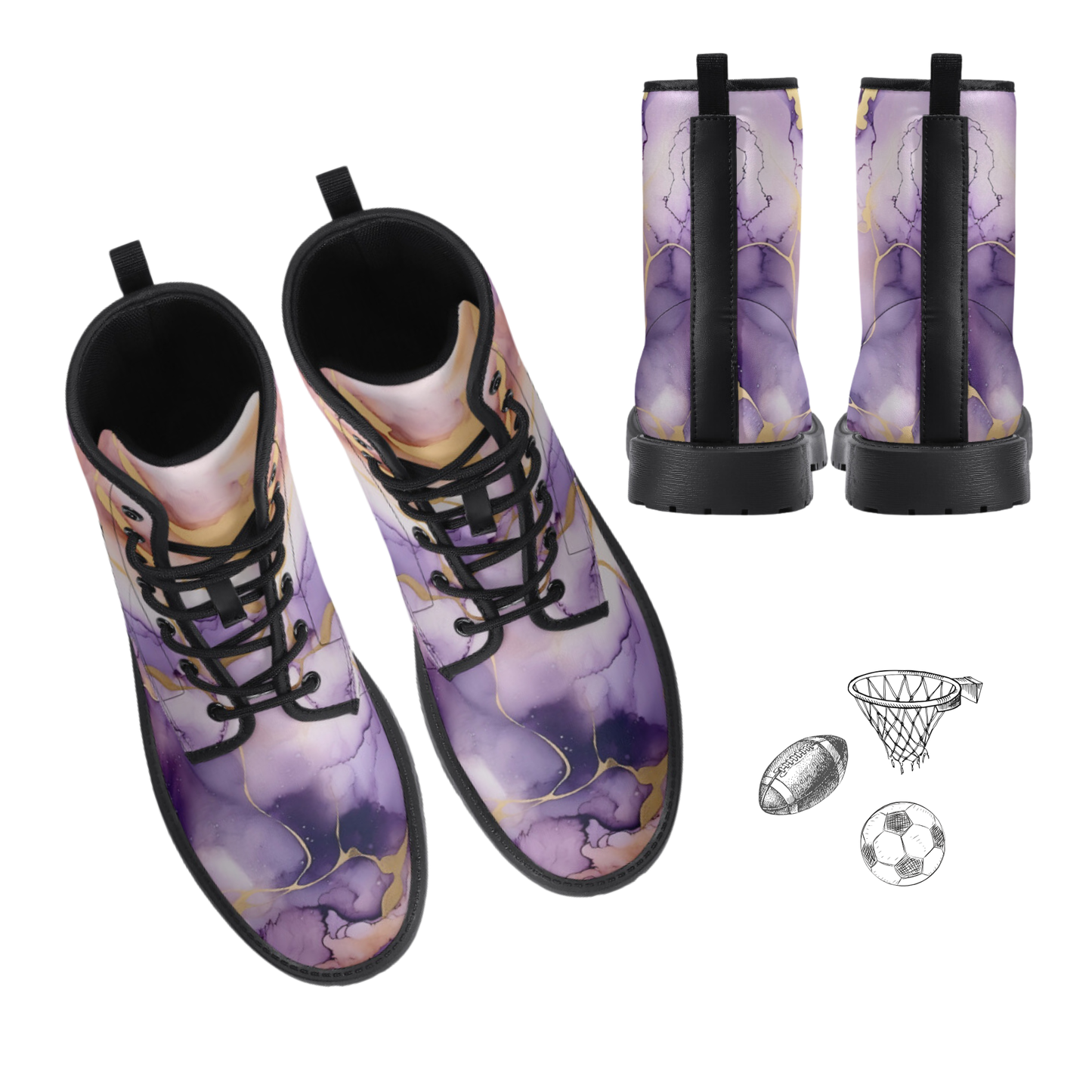 Purple and Gold Vegan Leather Classic Combat Boots Vikings LSU Ravens Lakers Rockies Waterproof Boots Purple Rainboots