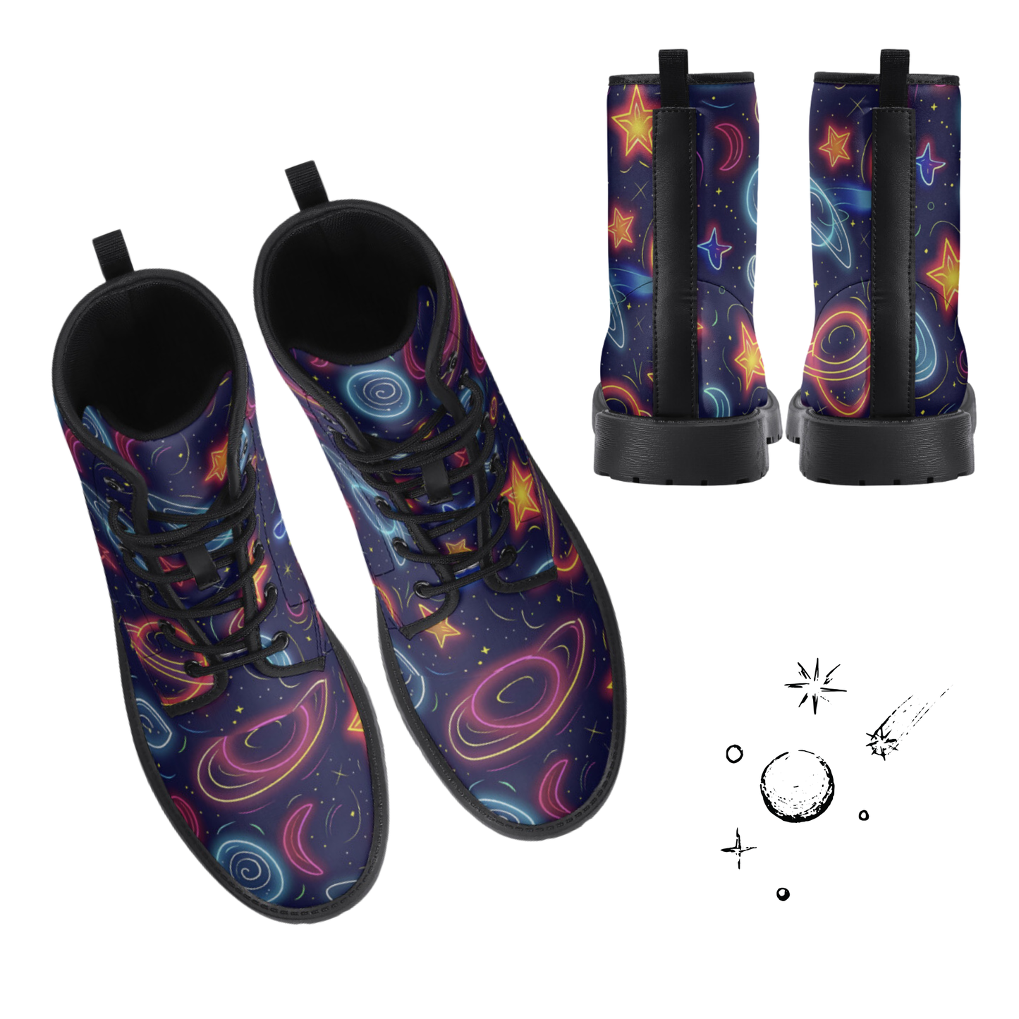 Neon Planet Vegan Leather Classic Combat Boots Astronomy Saturn Moons Stars Cosmic Waterproof Boots