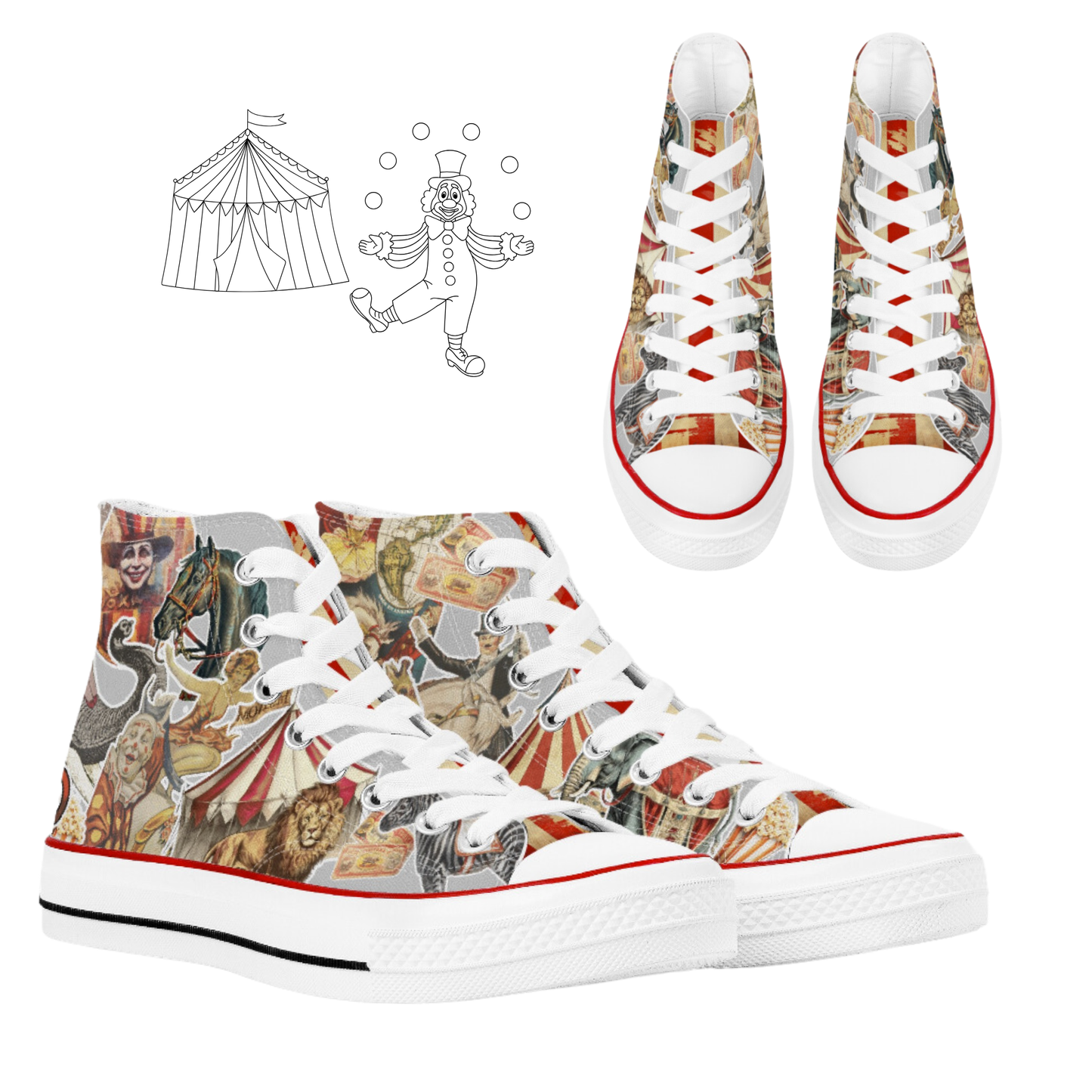 Carnival Circus High Top Tennis Shoes Clown Shoes Big Top Canvas Circus Hi Top Sneakers