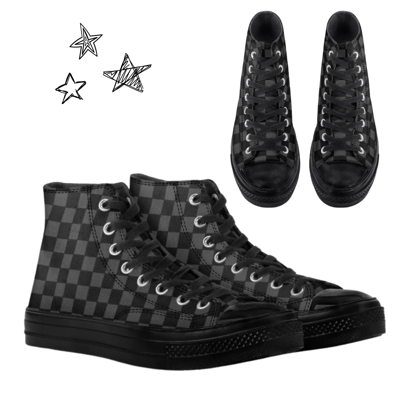 Black Checkerboard High Top Canvas Shoes Checked Tennis Shoes Black and Gray Check