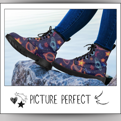 Neon Planet Vegan Leather Classic Combat Boots Astronomy Saturn Moons Stars Cosmic Waterproof Boots