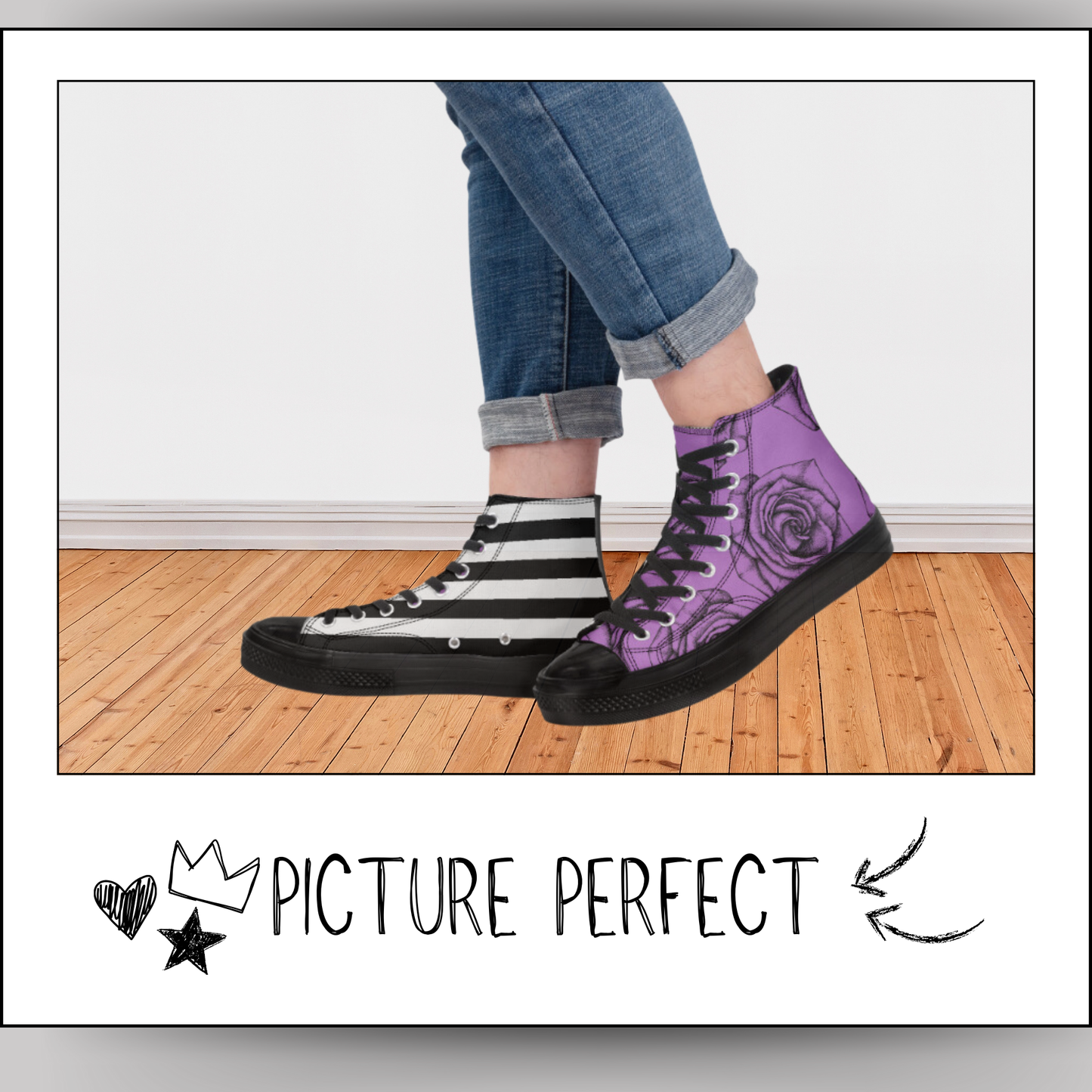 Black Roses and Stripes High Top Canvas Shoes Floral Striped Purple Tennis Shoes Flowers Sneakers Hi Tops