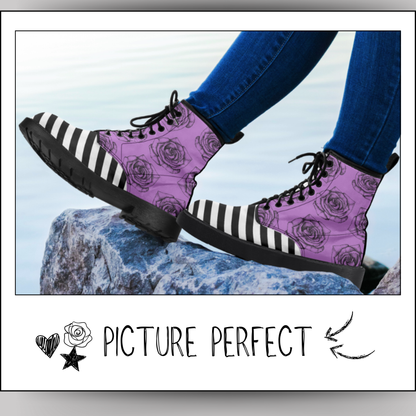 Purple Black Roses Stripes Vegan Leather Classic Combat Boots Flowers Boots Stripes Rainboots