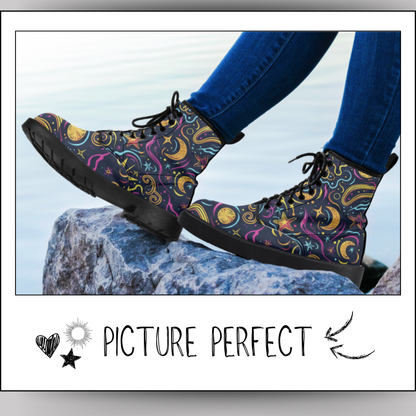 Neon Celestial Vegan Leather Classic Combat Boots Stars Moons Waterproof Leather Boots