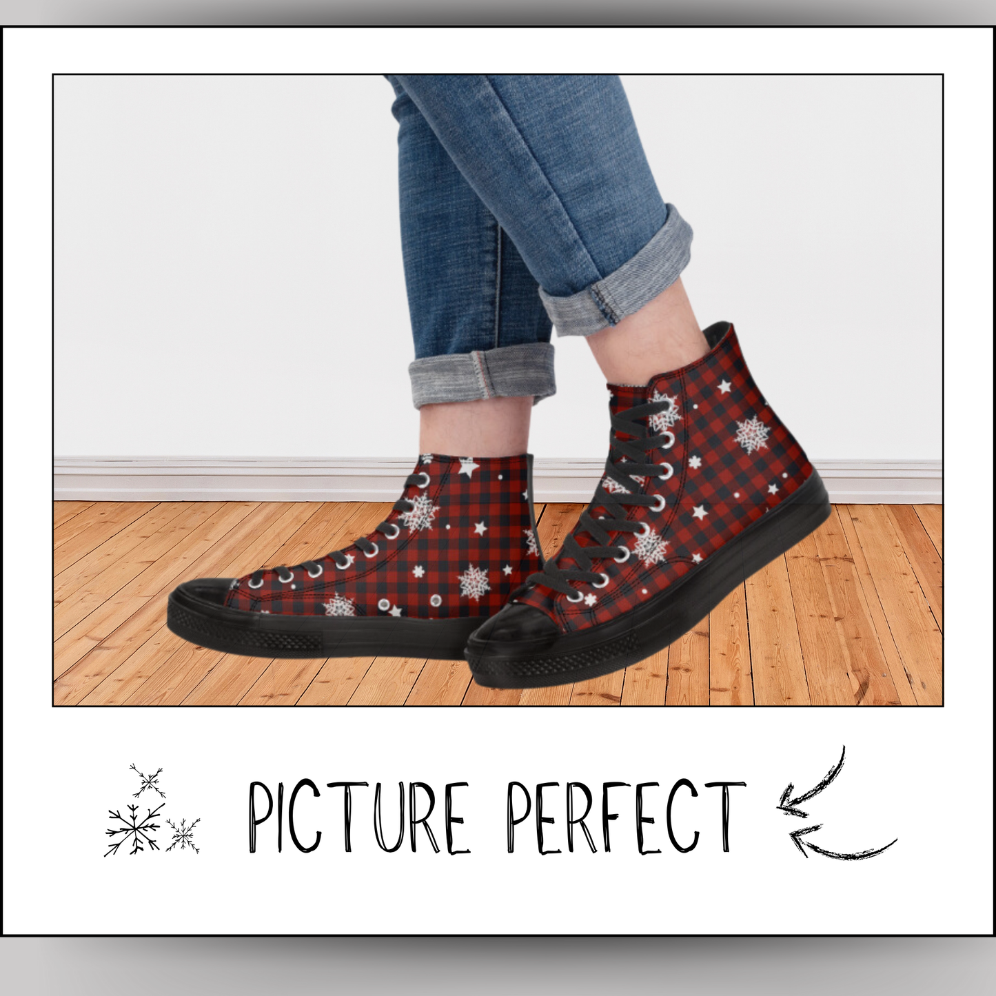 Red Flannel High Top Canvas Tennis Shoes Winter Sneakers Snowflakes Hi Tops Red Plaid Christmas Shoes