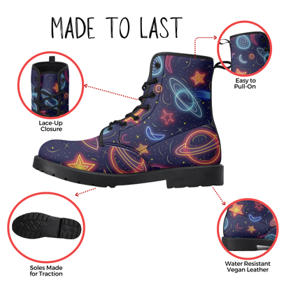 Neon Planet Vegan Leather Classic Combat Boots Astronomy Saturn Moons Stars Cosmic Waterproof Boots