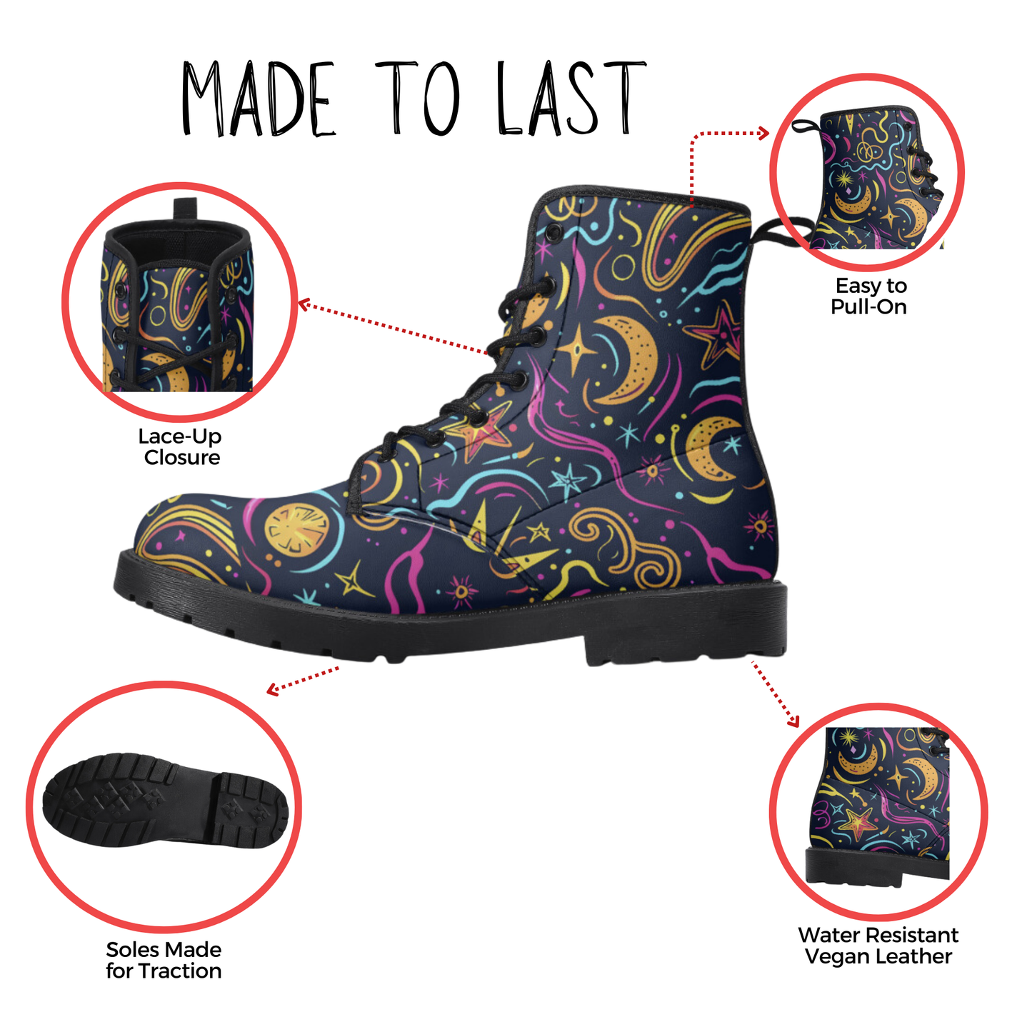 Neon Celestial Vegan Leather Classic Combat Boots Stars Moons Waterproof Leather Boots