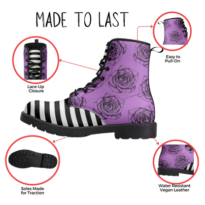 Purple Black Roses Stripes Vegan Leather Classic Combat Boots Flowers Boots Stripes Rainboots