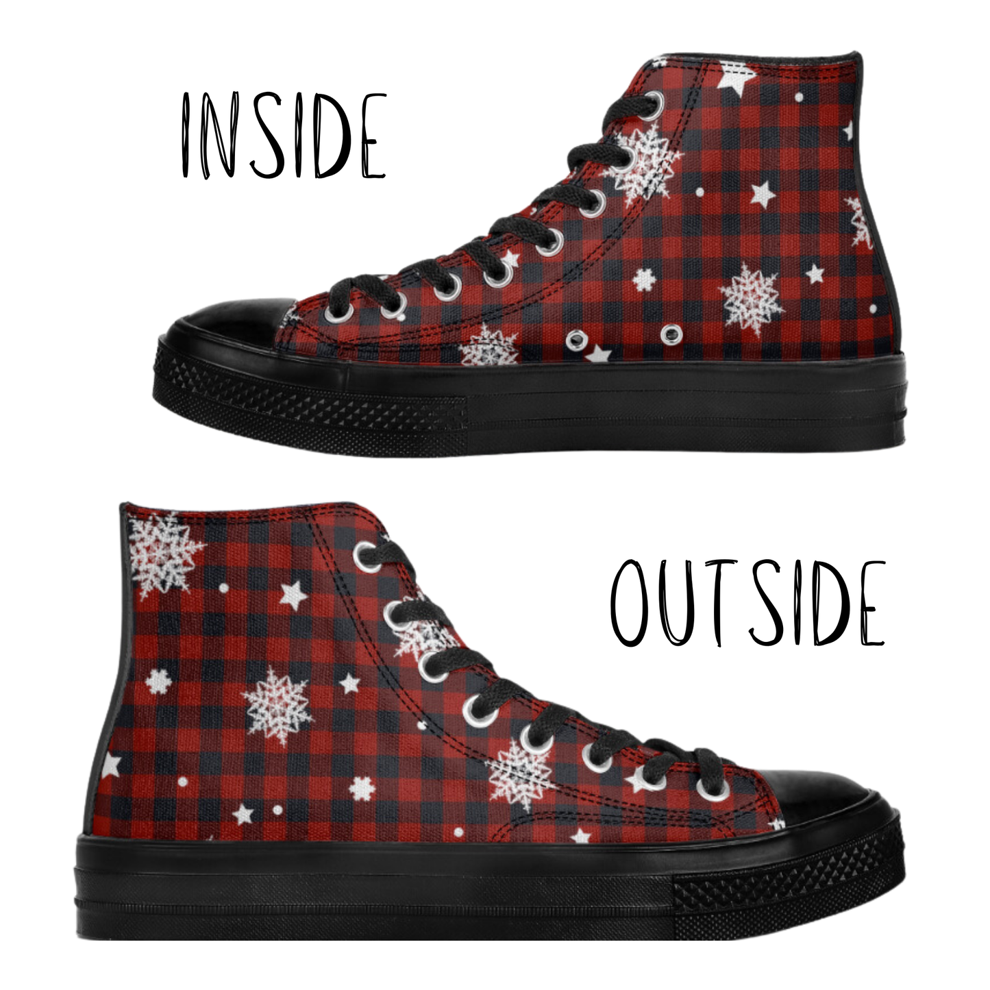 Red Flannel High Top Canvas Tennis Shoes Winter Sneakers Snowflakes Hi Tops Red Plaid Christmas Shoes