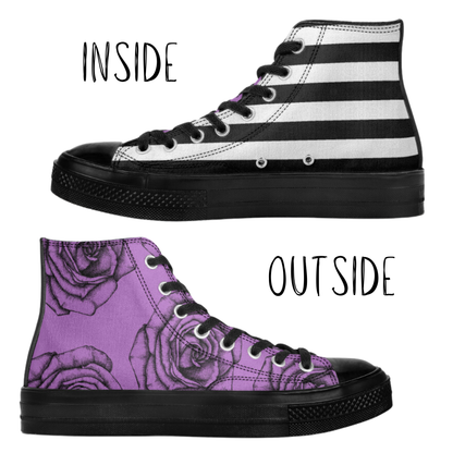 Black Roses and Stripes High Top Canvas Shoes Floral Striped Purple Tennis Shoes Flowers Sneakers Hi Tops