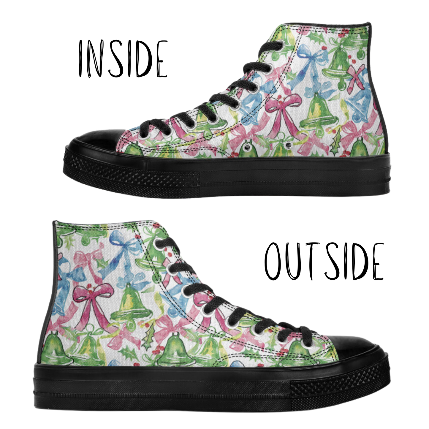 Preppy Bows and Bells High Top Canvas Sneakers Lilly Shoes Christmas Sneakers Holiday Shoes Pink Blue Green Tennis Shoes