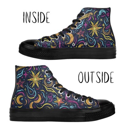 Celestial Neon High Top Canvas Shoes Moons and Stars Sneakers Astrology Astronomy Hi Tops