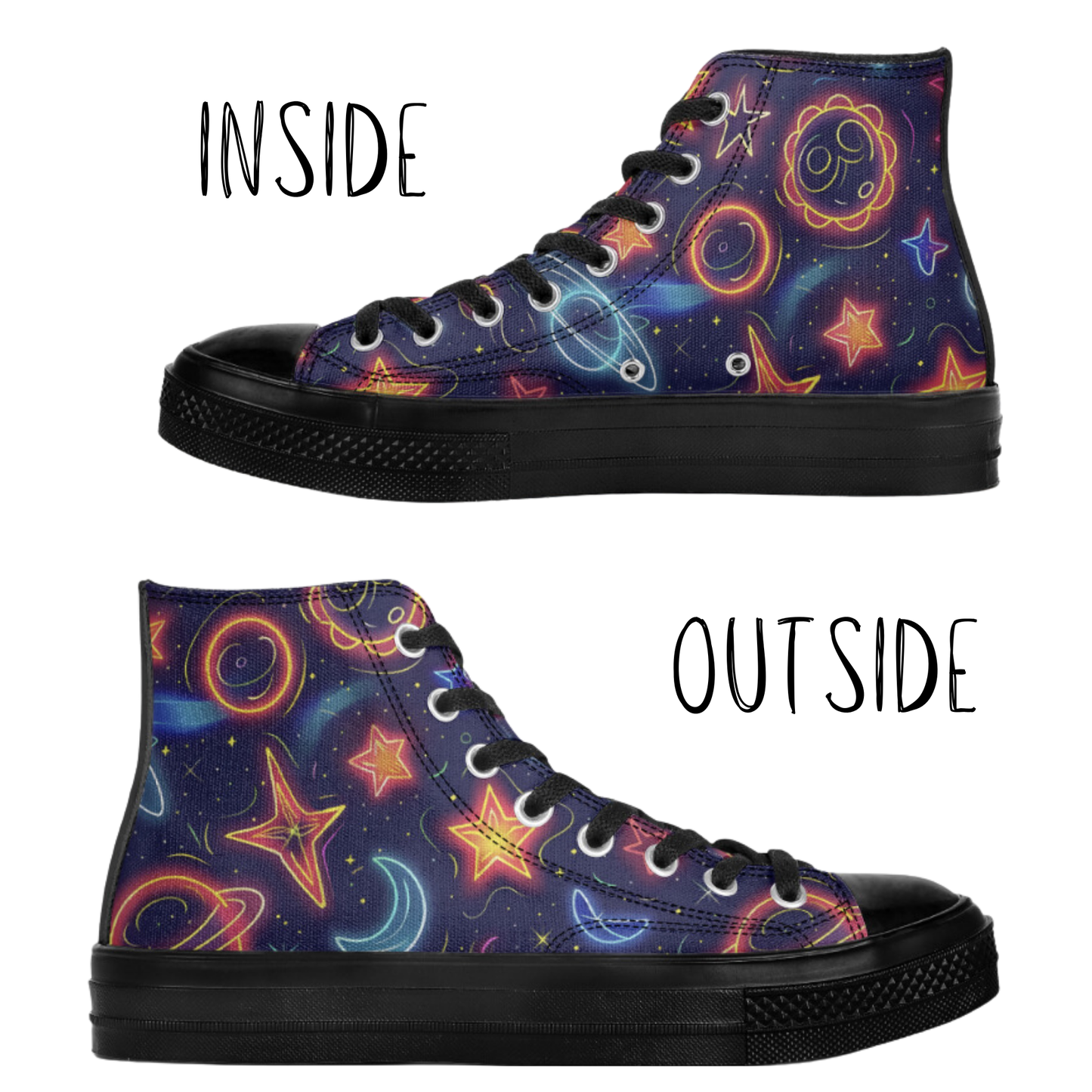 Neon Planets Stars High-Top Canvas Shoes Astoronomy Saturn Glowing Tennis Shoes Planets Hi Tops