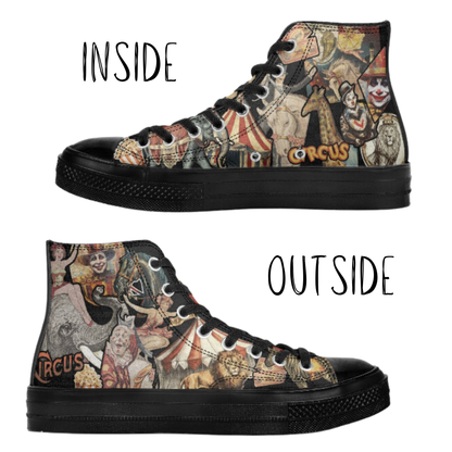 Carnival Circus Black High Top Tennis Shoes Clown Shoes Big Top Canvas Circus Hi Tops