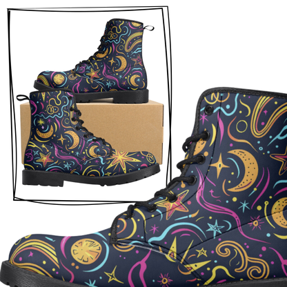 Neon Celestial Vegan Leather Classic Combat Boots Stars Moons Waterproof Leather Boots