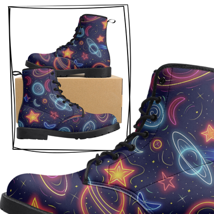 Neon Planet Vegan Leather Classic Combat Boots Astronomy Saturn Moons Stars Cosmic Waterproof Boots