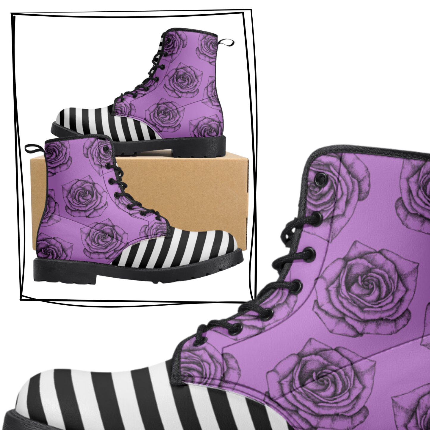 Purple Black Roses Stripes Vegan Leather Classic Combat Boots Flowers Boots Stripes Rainboots