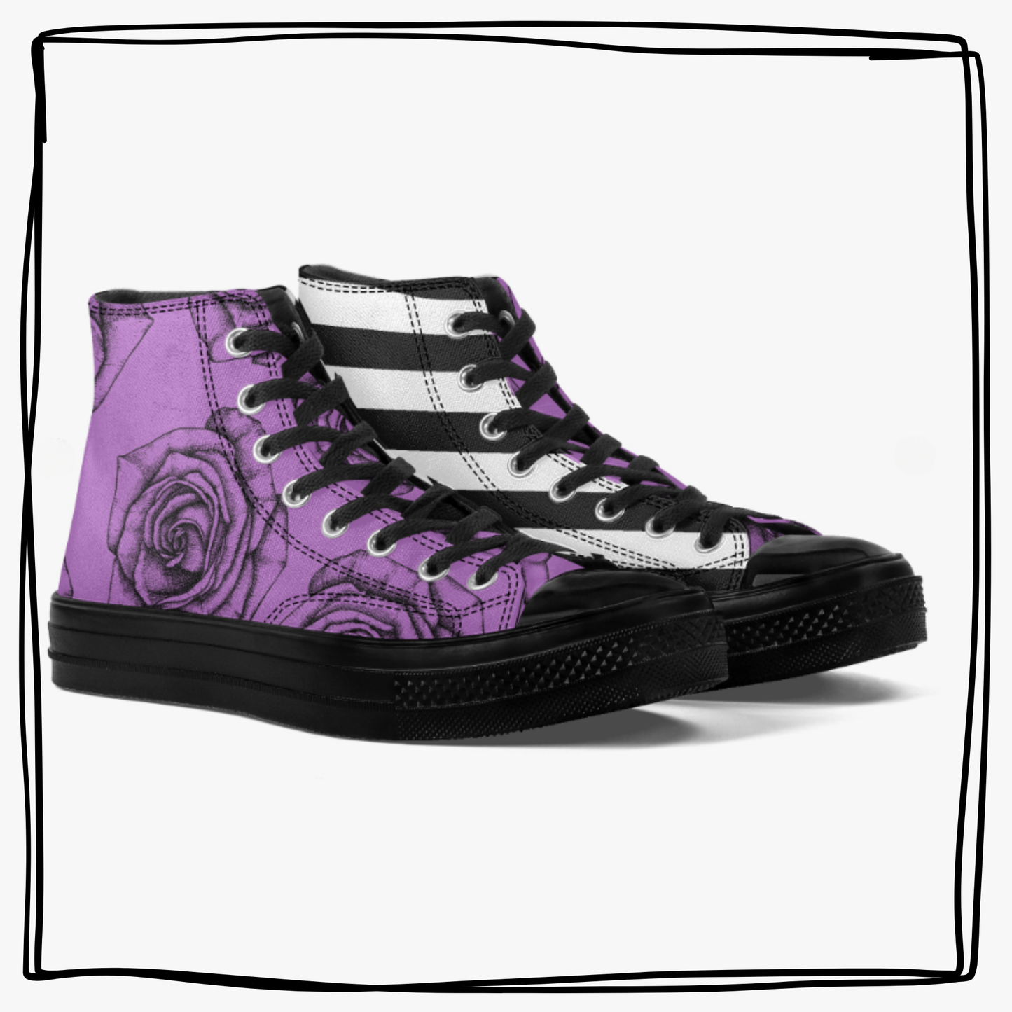 Black Roses and Stripes High Top Canvas Shoes Floral Striped Purple Tennis Shoes Flowers Sneakers Hi Tops