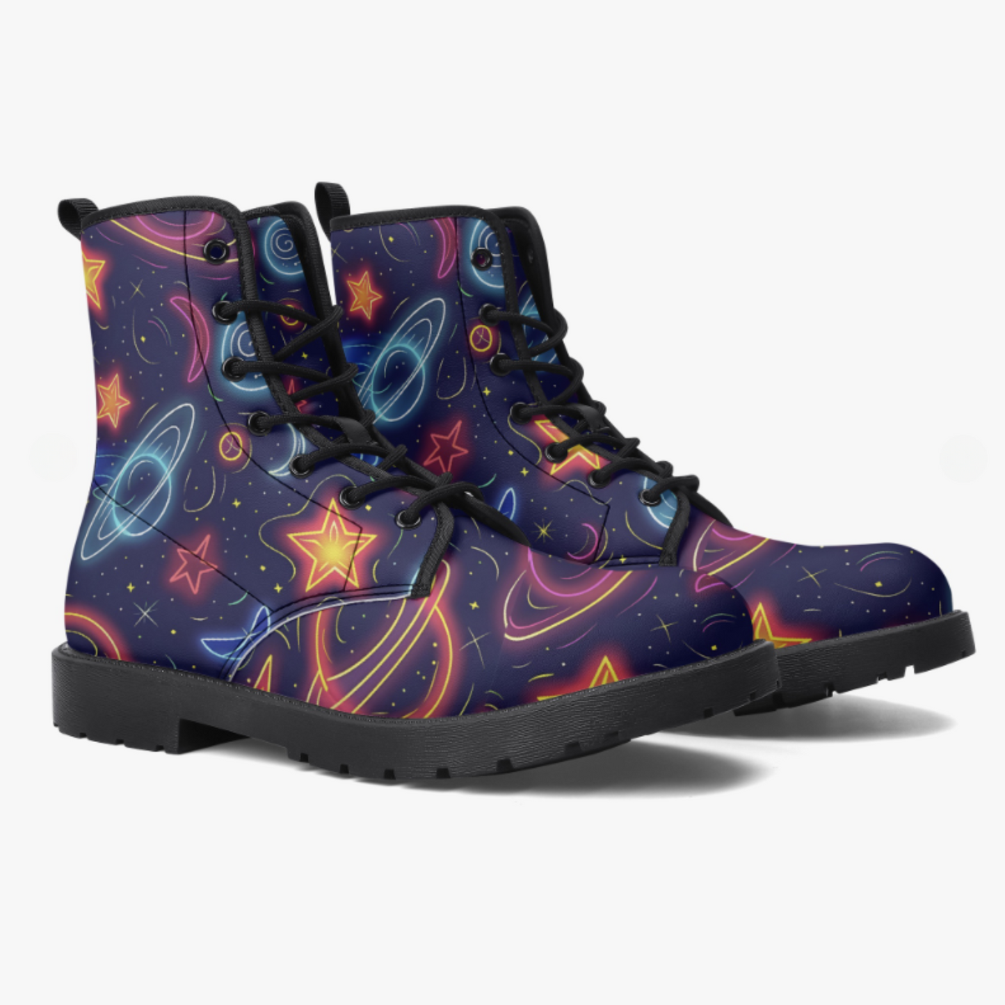 Neon Planet Vegan Leather Classic Combat Boots Astronomy Saturn Moons Stars Cosmic Waterproof Boots